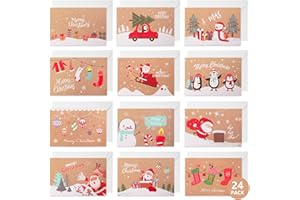 Hianjoo 24 Pièces Cartes de Noël, Noël Cartes de Vœux Pliées avec Enveloppe 20 * 15 (7.8" x 6") CM, 12 motifs 2 de Chaque pour Noël