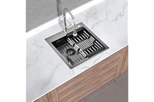 MOCOERL Kitchen Sink, 45 x 45 cm, Stainless Steel Kitchen Sink with Tap Hole for 45 cm Base Cabinets, Built-in Sink, 1 Basin Including Siphon