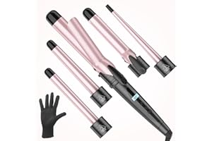 JERMILY Curling Wand Curling Tongs - New Upgraded 5 in 1 Hair Curler with LCD Display and 5 Interchangeable Ceramic Barrel, Curling Iron Set for Long/Short Hair, with Adjustment Temp/Heat Resistant Glove