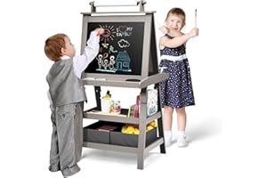 GOPLUS 3 in 1 Standtafel für Kinder, Magnetisches Whiteboard & Kreidetafel, Doppelseitiger Staffelei mit Aufbewahrungsbox, Maltafel, Schreibtafel, Kindertafel ink. Malpapier und Magneten (Grau)