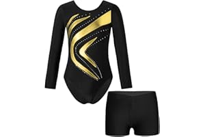 JanJean Kinder Mädchen Gymnastikanzug Glänzend Ballettanzug Langarm Turnanzug Ballett Trikot mit Kurze Hose Wettbewerb Tanzkostüm