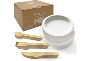 Pulprop 250 Stück Umweltfreundlich Biologisch Abbaubare Geschirr Set, Einweggeschirr Set, Natürliches Einweg Bagasse Teller-Set, Pappteller Messer Löffel Gabeln für Camping Grill BBQ Party 50 Personen