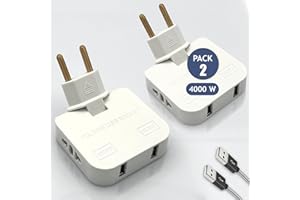 THREE STARS 3-Stars | Pack 2. Ladrón Enchufe Plano con USB 4000 W, Mayor Potencia. 4 Tomas: 2 Puertos de Carga USB y 2 Enchufes. Diseño Fino: Enchufe ladron Plano Pared extraplano. Cabezal Giratorio 180º