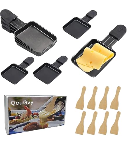 HengBO Poelon Raclette Coupelle RevêTement AntiadhéSif Fonte 4pcs Mini Assiette Apporter 4 Spatules à Raclette Bois PoêLon Raclette Pour Appareil à Raclette(noir