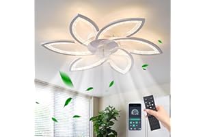 JIINOO Ceiling Fans with Lights and Remote, Modern Dimmable LED Ceiling Fans with Lamps, Silent Adjustable Wind Speed Reversible Motor for Living Room, Bedroom, 78 cm White