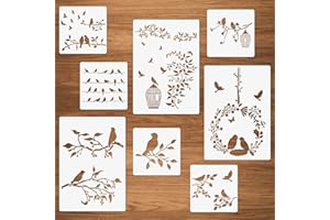 CODOHI Pochoirs oiseaux, 8 pièces oiseau sur branche feuilles arbres fil cage à oiseaux oiseaux volants peinture de vigne modèles réutilisables pour murs fabrication de cartes de meubles en bois