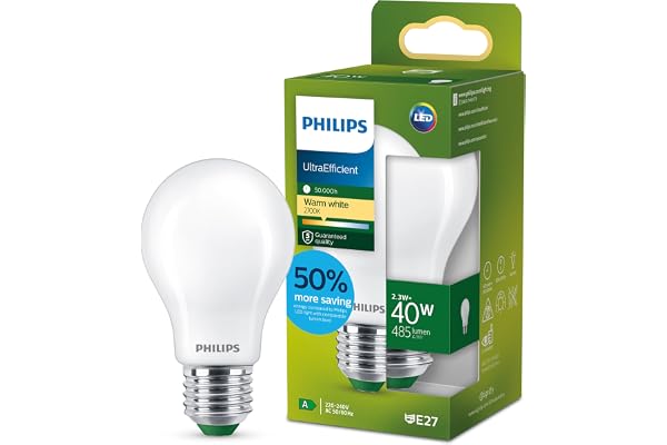 LED Ultra Efficient, Extremt energisnål klassisk ljuskälla, 40W, A60, E27, 2700 kelvin, frostat glas, 50.000 timmar l