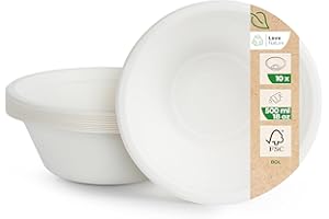 Love Nature Bol Jetable - Vaisselle Canne à Sucre 10 pièces - Écologique Bols Jetables 500ml - Biodégradable Résistant et Solide