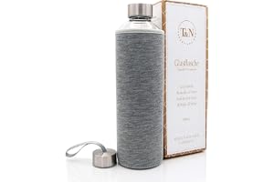 T&N Glasflaska, 1 liter – drickflaska glas 1 l med neoprenfodral, vattenflaska 1 000 ml, läckagesäker – glasflaska av tjockt borosilikatglas – smal design