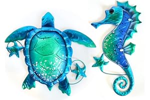 Liffy Decorazione da parete a forma di tartaruga marina, cavalluccio marino in metallo, decorazione artistica da appendere, scultura da parete a tema spiaggia per bagno, patio, portico o recinzione