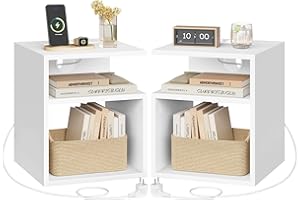 EUGAD Set di 2 Comodini, Tavolini con Stazione di Ricarica, Porte USB e di Type-C, 2 Scomparti Aperti, per Camera da Letto, Soggiorno, Legno, 35x35x41 cm, Bianco