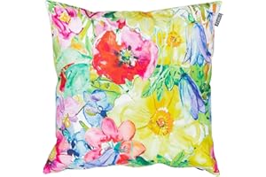 Bean Bag Bazaar Outdoor Cushions Filled, Floral Collection, Green, 43cm x 43cm, Water Resistant, Yellow Outdoor Cushions for Garden Furniture, Garden, Patio