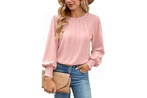 Gyabnw Women's Long Sleeve Tunic Tops Puff Sleeve Shirt Pleated Blouse for Ladies Casual Comfortable Crew Neck Shirts