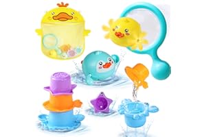 FAJIABAO Baby Bath Toys for 1 2 3 Year Old Water Toys Swimming Pool Toys Toddler Bath Stacking Cups Toys Water Play Wind Up Duck Bathtub Fishing Game Bath Storage Net Kids Bath Toys Gifts for Boys Girls