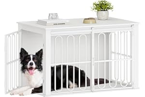 HEXCELEN Hundekäfig-Möbel aus Holz, 100 cm Hundebox für Zuhause, Hundekäfig mit 2 Türen, Schiebetüren, für Kleine, Mittlere Hunde, Robuster, Beistelltisch, 100 × 60 × 62,4 cm, Weiß