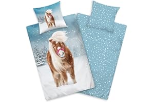 ‎AMINATA KIDS Aminata kids Biber Bettwäsche 135 x 200 Kinder Pferde-Motiv Mädchen Flanell Baumwolle, Reißverschluss, Kinder-Wende-Bettwäsche-Set Pony im Schnee, Flanellbettwäsche