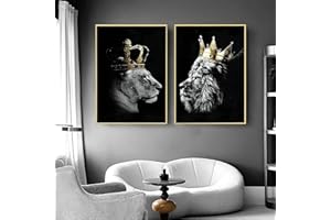 IUNTWEIE Lion et Lionne avec Couronne Toile Images sur Toile Noir et Blanc Animaux Décoration Impressions Sans cadre (Lion -1, 2x80x120cm)