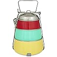 Elan Stainless Steel Lunch Box with Handle | Tiffin with Lid and Handle | 3 Compartment Traditional Tiffin Box | Easy to Carry| Leak Proof | Locking Clip | School and Office Use (Red-Aqua-Yellow)