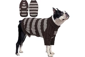 Hjumarayan Jersey Perro Mediano, Cálido y Elástico Sueter Perro Invierno Ropa Bulldog Frances, Diseño a Rayas Jersey Punto con Agujero para Correa, Marrón L