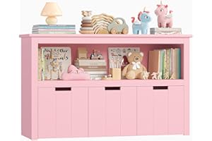 FOREHILL Mobiletto Portagiochi,Libreria per Bambini 3-12 Anni,Scaffale Contenitore con Ruote, 3 Cassetti,per Cameretta e Stanza dei Giochi 102×33×61,5cm (Rosa)