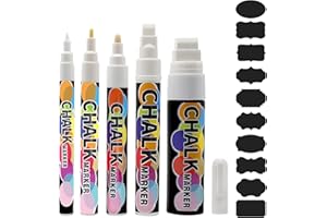 Ruucy 5 Pzi Pennarelli Gesso Liquido Cancellabili, Pennarello per Lavagna Cancellabile con 50 Etichette Lavagna, Pennarello Vetro Cancellabile 1mm, 3mm, 6mm, 10mm, 15mm