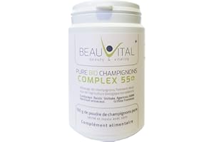 BEAUVITAL Pure Bio Champignons 55plus complexe 6 de Cordyceps, Hericium, Reishi, Agaricus, Grifola, Shiitake de l'agriculture biologique de l'UE, végétalien, sans additifs artificiels