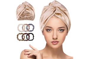 Fingertoys Seidenhaube Schlafmütze Silk Bonnet und 6 Stück Seide Haargummi Haare Ringe, Superweiche Haarpflege Nachtmütze Satin Bonnet Haarhaube mit Gummiband, Geeignet zum Waschen Make-Up