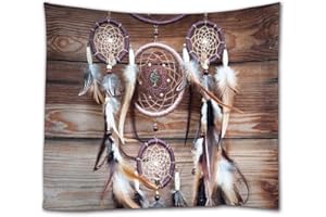 A.Monamour Arazzo da Parete Grande Mandala Tribale Etnico Boho Acchiappasogni in Stile Azteco su Fondo Rustico di Assi di Legno Telo Tessuto Tenda Tovaglia Copriletto Arazzi Murale Decorazione