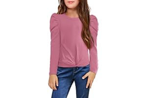 Arshiner Camiseta de Manga Larga para Niñas Camiseta con Mangas Abullonadas Camisetas Informales con Cuello Redondo de Punto Acanalado Top Liso Jersey de Moda para Niños Sudaderas de Otoño 5-11 Años