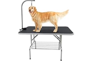 Kalolary 45inch Hunde/Katzen Trimmtisch Schertisch Hundepflegetisch mit höhenverstellbarem Arm, Schlaufe und Gitterablage, faltbarer robuster Pflegetisch für große Hunde (schwarz)