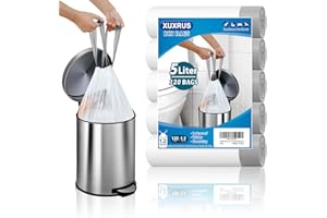 XUXRUS Bin Liners 5L Small Drawstring Bathroom Bin Bags 120Pcs Thick Plastic Trash Bags with Tie Tape Drawstring Handles,White