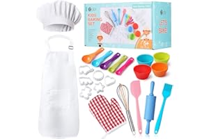 CokinkiDs Set da Forno per Bambini, 32 Pezzi, Include Grembiule, Cappello da Chef, Guanto da Forno, Veri Strumenti di Cottura, Ideale per Ragazzi e Ragazze