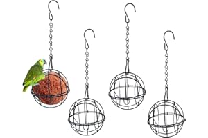 Orssmigs 4 x Round Fat Ball Holder Metal Bird Feeder for Hanging Diameter 7 cm Black Feeding Stations for Wild Birds with S-shaped Hooks for Garden Wild Birds Finches Sparrows Robins