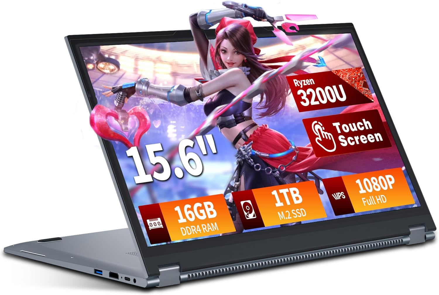 KeeUiU 2 en 1 Ordenador Portátil 15,6 Pulgadas con Pantalla Táctil Procesador, Ryzen R3-3200U PC Portátil 16GB RAM 1TB SSD 360° Pantalla Táctil Win 11 Laptop FHD IPS RJ45 Teclado Retroiluminado HDMI