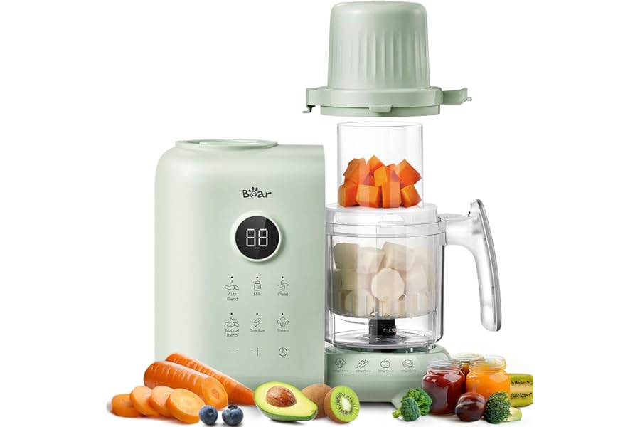 Bear Baby Food Blender with Dual-Layer Steam Baskets, OneStep Food Processor Puree Blender Grinder Mills, Baby Food Maker with Bottle Warming, Sterilizing and Auto Cleaning Function, BPA-Free (Green)