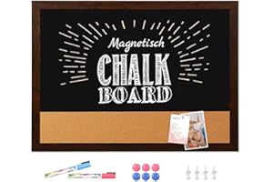 DOLLAR BOSS Tableau à Craies Noir Magnétique Effaçable et en Liège, 45 x 60 cm, Mixte Mural, Cadre en Bois Brun Rustique, 2 Marqueurs, 6 Aimants, 4 Punaises