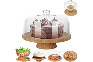 OZD Présentoir à Gâteau, Transparent 6 en 1 Cloche à Gâteau avec Dôme, Multifonctions Plateau Gâteaux sur Pied en Bambou, Plat de Fruits, Salades, Cupcake