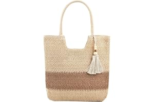 TIAASTAP Słomkowa torebka damska, letnia torba plażowa, słomka, duża, z zamkiem błyskawicznym, w stylu boho, pleciona, z frędzlami