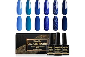 Shining She Esmaltes Semipermanentes Para Uñas en Gel UV LED,6 Colores Azul Marino Azul Lago Azul Glitter Pintauñas Semipermanentes Apto Para Principiantes Manicura,8ML