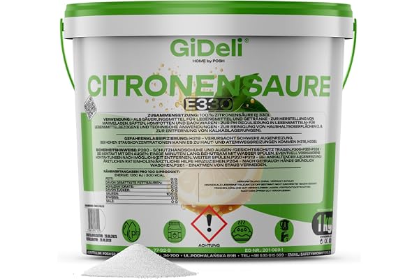 GiDeli Acide Citrique 1kg E330 Qualité Alimentaire - Poudre Blanche Pure pour Pâtisserie et Conserves - Détartrant Naturel Grand Format pour Lave-vaisselle, Lave-linge - Booste Votre Lessive