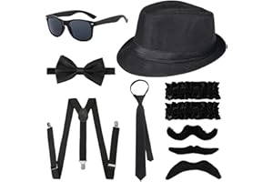 Xerteam Kostium męski z lat 20. XX wieku, akcesoria Gatsby, dla mężczyzn z klaasycznym czarnym kapeluszem, okulary do pończoch, muszka, krawat, broda, opaska na ramię, podwiązki, zestaw kostiumowy dla