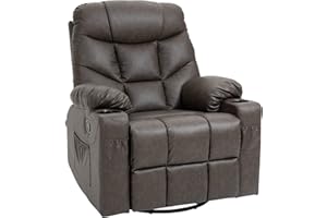 HOMCOM Recliner Armchair, Swivel PU Leather Manual Reclining Chair with Adjustable Leg Rest, Drink Holders, Side Pockets, Rocker Chair for Home Living Room, Dark Brown