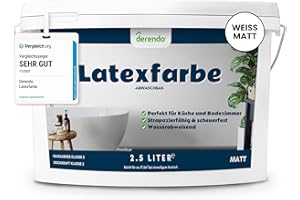 derendo Latexfarbe weiß matt abwaschbar 2,5L für Innen Küche Badezimmer streichen weiße Latex Wandfarbe hohe Deckkraft