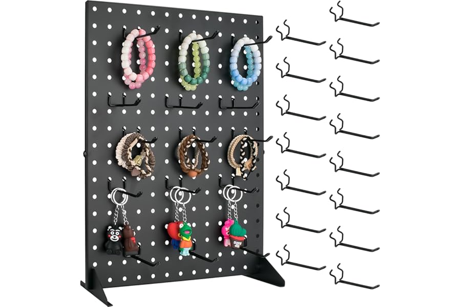 VACONICO Peg Board Display Stand with 15 Hooks, Desk Metal Pegboard Shelf for Craft Shows & Fairs, Retail Stores, Vendors Arts and Crafts Finishing - 17x13Inch & Black