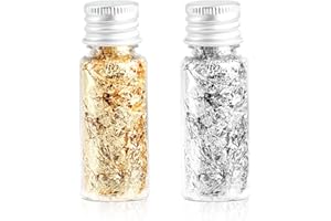 VODUNS Foglia Oro Alimentare + Foglio D'argento 2 Bottiglie Commestibile Scaglie di Lamina D'oro per Fai da te Decorazione Dessert Torte Cupcake Cioccolatini Uso Vino Gelati in Cucina Maschere Manicure