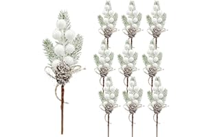 Cfythyab 10PCS Artificial Pine Picks Christmas Decorations, Holly Sprigs with Pine Cones White Berry & Leaves, for Xmas Table Decorations Wreath Garland Tree Crafts Holiday Decor