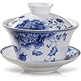 fanquare Blue and White Gaiwan Peony Floral Porcelain Chinese Traditional Sancai Tea Bowl with Lid Vintage Tea Cup Saucer Cover Set 220ML