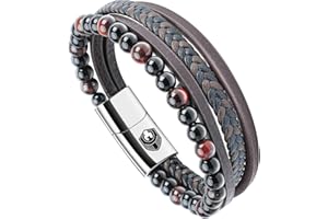 SHIEAGLELD Bracelet Homme Cuir, Bracelets perle Homme, bracelet homme acier, Magnetique Boucle en Acier Inoxydable et Boîte à Bijoux, Bracelet Exclusive pour l'idée de Cadeaux pour Hommes