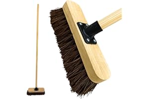 LS DECOR LS 10” Outdoor Garden Broom Heavy Duty Yard Brush with Wooden Handle Natural Stiff Bassine Bristles & Metal Support Bracket Outdoor Cleaning & Sweeping (PACK OF 1, 10" Stiff Natural Bassine Bristles)