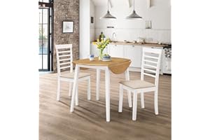 Hallowood Furniture Ledbury Small White Folding Dining Table and Chairs Set 2, Round Wooden Drop Leaf Table with Light Oak Top and Chairs, Dining Room Set, Ideal for Small Spaces